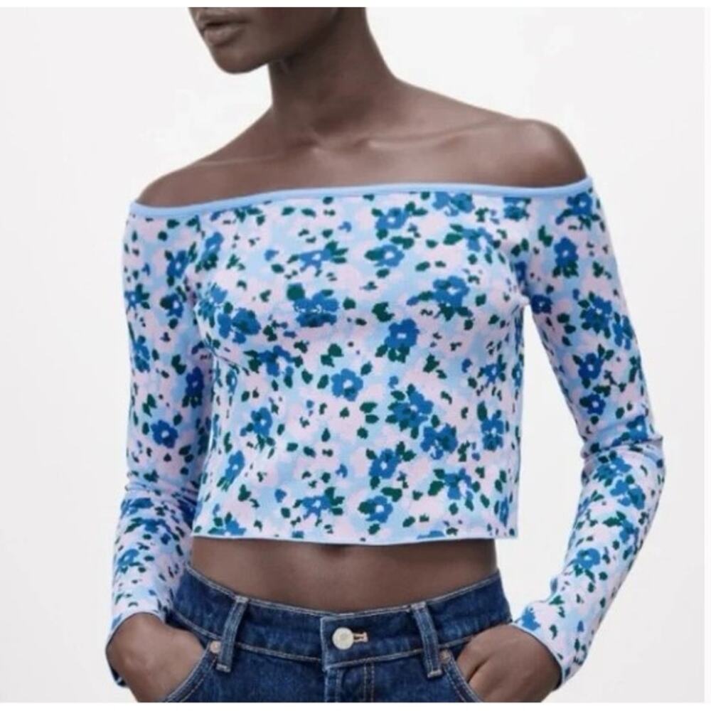 Zara Cropped Top Off Shoulder Blue Floral Knit Long Sleeve Shirt Tee Size S